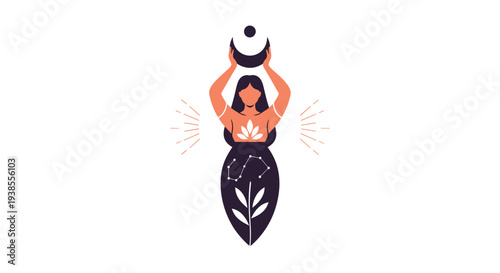 Mystical Woman Holding Crescent Moon, Celestial Body, Spiritual Symbol Illustration