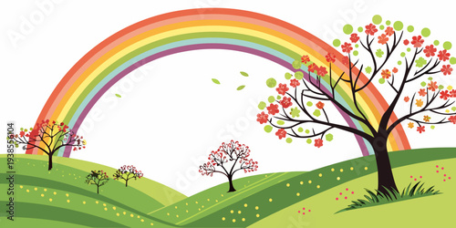 A colorful rainbow appears in the sky over a green field with trees Vector