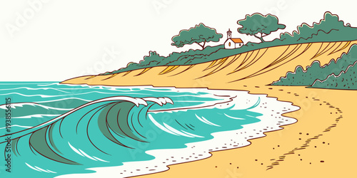 A pixel art image of a wave crashing on a sandy beach Vector