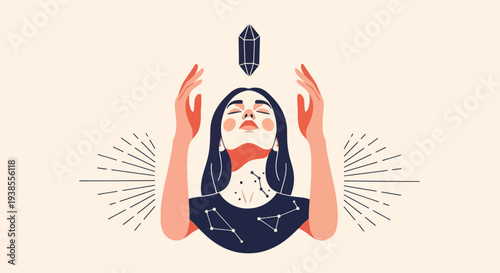 Woman with crystal and constellations, spiritual energy and cosmic connection