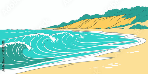 A wave crashes on a sandy beach Vector