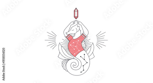 Mythical Sea Creature with Constellations and Crystal - Zodiac Symbol