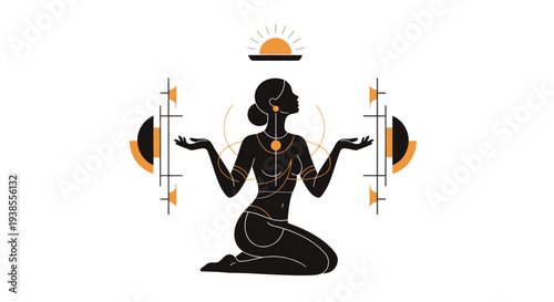 Mystical Woman Silhouette with Celestial Symbols and Sun