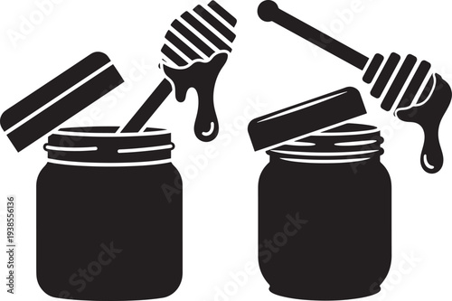 Sweet Honey Jar with Dripping Dipper Icon, Representing Natural Food, Healthy Sweeteners, and Organic Products