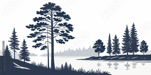 A serene lake scene with trees on the shore Vector