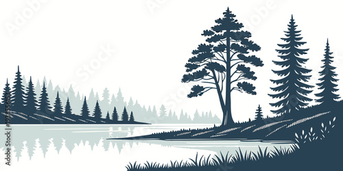 Serene lake scene with trees and mountains Vector