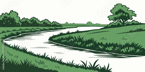 A serene landscape with a winding river and lush green grass Vector