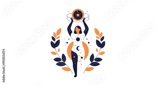 Cosmic Woman Holding Celestial Orb, Mystical Symbol, Esoteric Art, Spiritual Icon