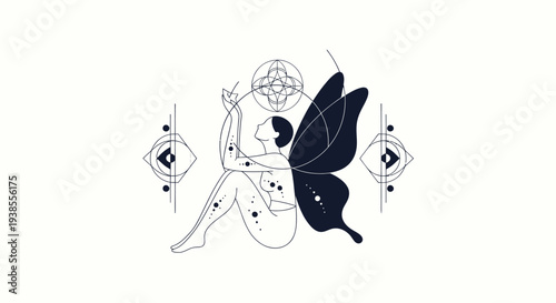 Mystical Woman Butterfly Silhouette Celestial Astrology Sacred Geometry Tattoo Art