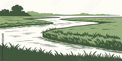 A serene landscape with a winding river and lush green grass Vector