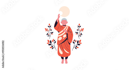 Buddhist Monk Offering Blessings with Floral Embellishments, Spiritual Concept