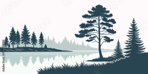 A serene lake scene with trees on the shore Vector
