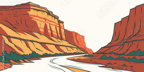 A pixel art image of a river between two red rock formations Vector