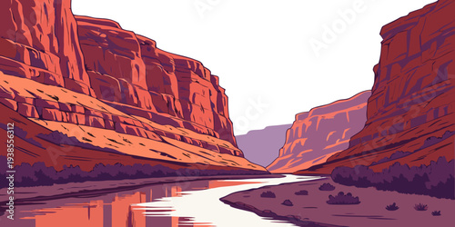 A river runs through a canyon with red rock formations Vector