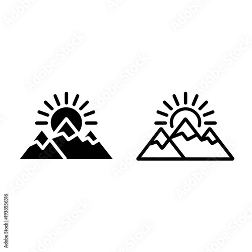 Mountain sunrise landscape icons with sun rays  nature symbols