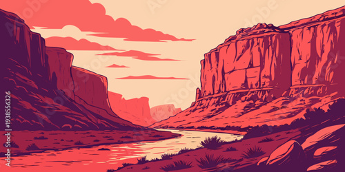 A pixel art landscape of a canyon with a river at sunset Vector