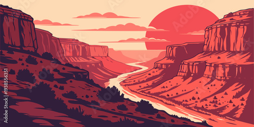 A pixel art landscape of a canyon at sunset Vector