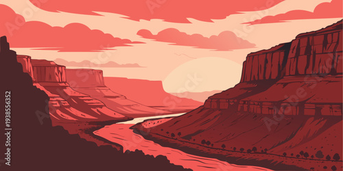 A pixel art illustration of a canyon at sunset Vector