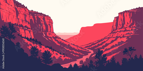 A pixel art image of a canyon with a river running through it Vector