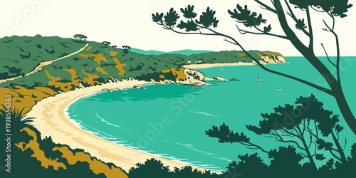 A serene landscape with a sandy beach and trees Vector