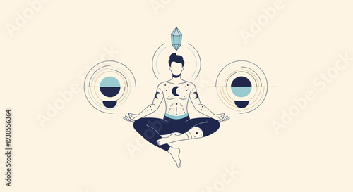 Man Meditating in Lotus Pose with Celestial Symbols and Crystal