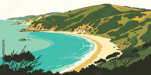 A serene beach scene with green hills and blue water Vector