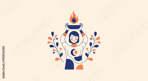 Woman holding fire bowl with celestial moon pattern and leaves, spiritual concept
