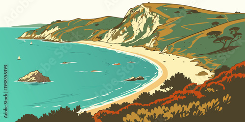 A serene beach scene with a mountain backdrop Vector