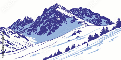 A snowy mountain range with a blue tint Vector