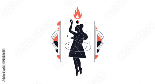Mystical Woman with Fireball and Celestial Elements