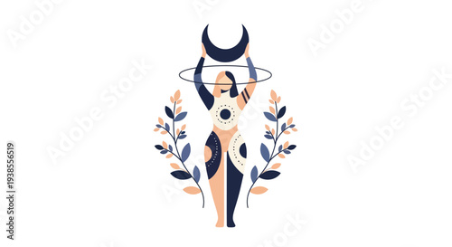 Woman Holding Crescent Moon, Mystical Symbol, Celestial Goddess, Esoteric Art