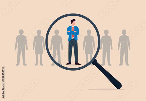 Outstanding winner candidate for job position, stand out from the crowd, notable, different or distinct person concept, confidence on human resource magnifying glass recruitment.