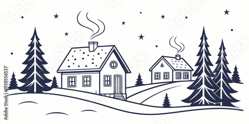 A snowy landscape with two houses and trees Vector