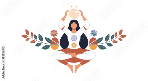 Woman Meditating with Chakras and Glowing Orb