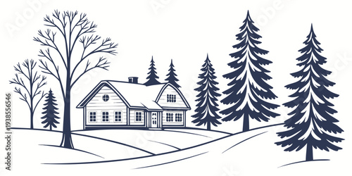 A house surrounded by snow covered trees in winter Vector