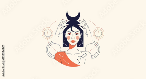 Mystic Woman with Crescent Moon Headdress and Celestial Elements