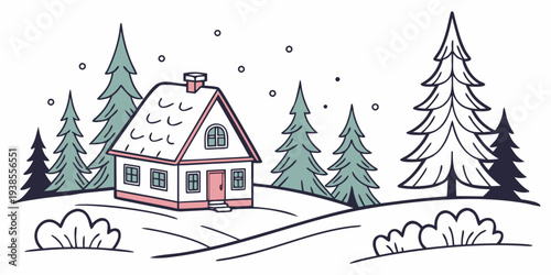 A house in the snow with trees and bushes Vector