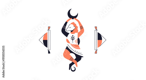 Mystical Figure with Crescent Moon and Geometric Symbols