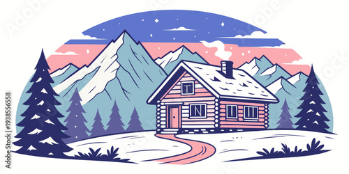 A house in the mountains with snow on the ground and trees around it Vector