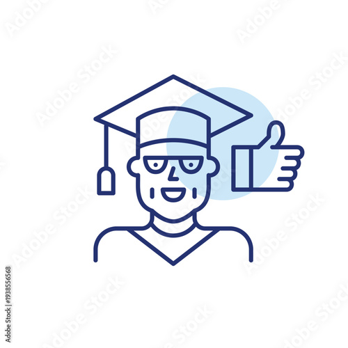 Older graduate woman and like symbol. Honorary education success, lifetime learning. Pixel perfect, editable stroke vector icon
