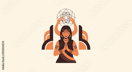 Spiritual Indian Woman Meditating with Sacred Geometry and Divine Hands
