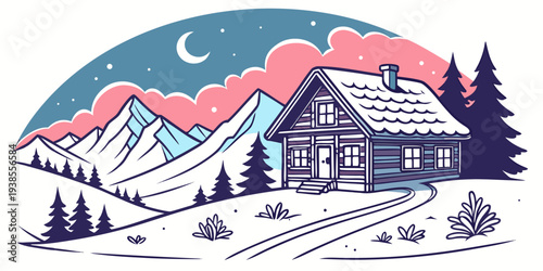 A house in the mountains on a snowy night Vector