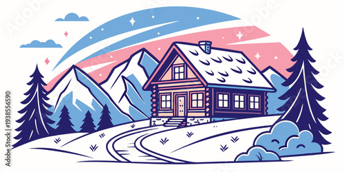 A house in the mountains with snow on the roof and trees Vector