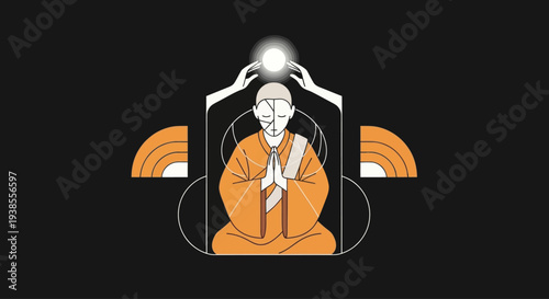 Monk Meditating in Geometric Shrine, Spiritual Enlightenment, Zen Buddhism, Mindfulness