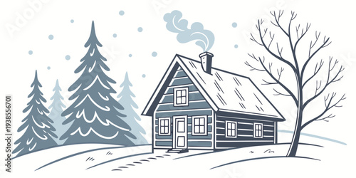 A small house in a snowy landscape with trees Vector