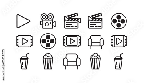 Film industry line icons featuring video cameras popcorn snacks and cinema theater seats