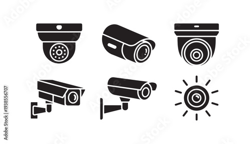 Security camera system icons showing surveillance domes and wall mounted outdoor equipment