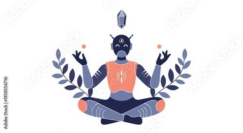 Robot meditating in lotus position, crystal, plants, balance, futuristic, zen