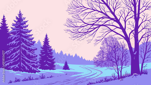 A purple snow scene with trees and a pink sky Vector