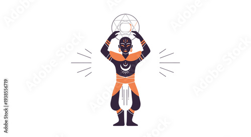 Mystical Figure Holding Sacred Geometric Symbol Above Head, Spiritual Energy